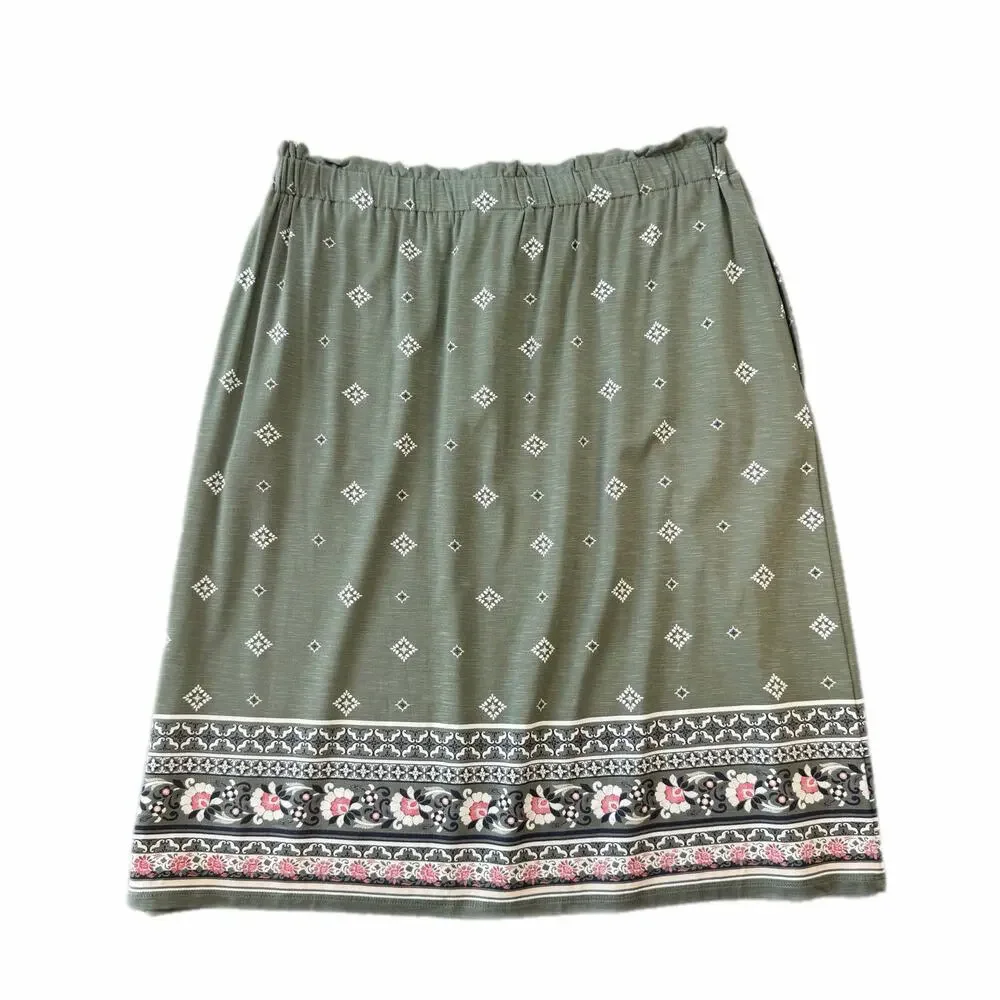 J. Jill NEW Caraway Olive Green Tie Tassel Pull On Soft Floral Cottagecore Skirt